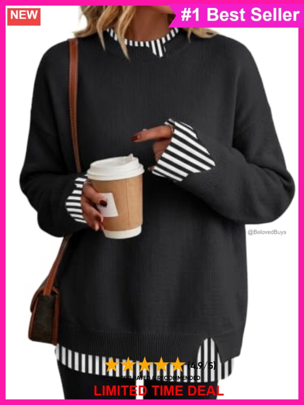 Oversized Patchwork Pullover Sweater Slit Cuffs Crew Neck Viscose Blend